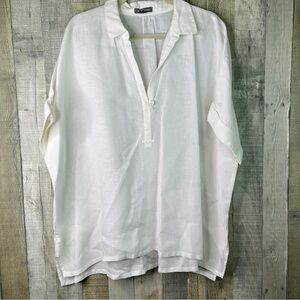 Go Silk Linen XL White Collared V-Neck Short Tabbed Sleeves Tunic Top Side Slits